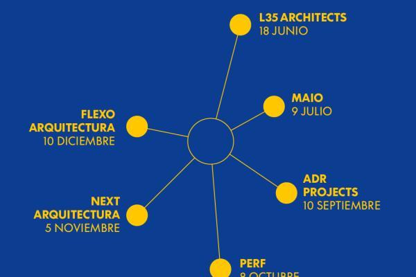Cartel con programación del ciclo Constelaciones en M300, espacio cultural del grupo MINIM dentro del showroom de bulthaup Barcelona