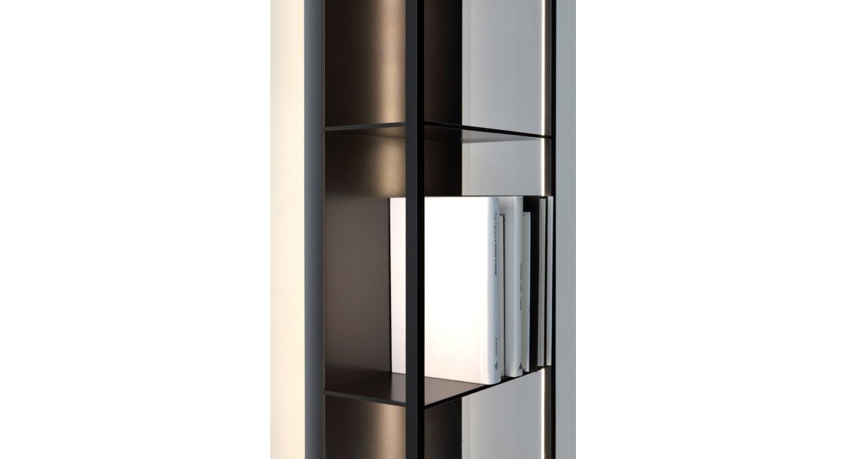 Porro_GAP_librería_estantería_iluminación LED_marco de metal_finas baldas_MINIM Showroom_Madrid_Barcelona_detalle colocación