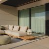 Terraza de la suite con sofás minotti, puffs y sombrilla Paola Lenti y lampara Cesta metal de Santa&amp;amp;Cole en versión exterior, MINIM Barcelona